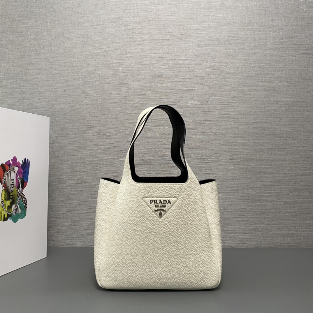 Prada Medium Leather Bag Shoulder Bag Tote White/Black 1BG335